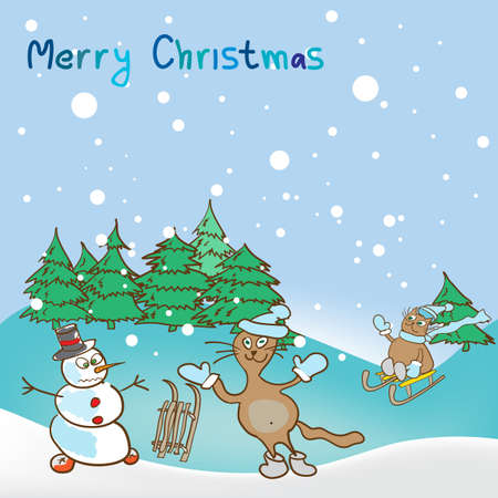 Background for a Christmas theme with snowman and catsのイラスト素材