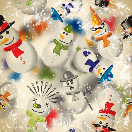 Seamless pattern with snowmen with blurred backdrop in vintage styleのイラスト素材