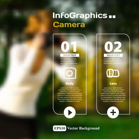 Set of infographics with a blurred background on the topic of photographic camera devicesのイラスト素材