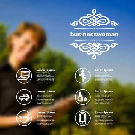 Set of infographics on blurred photographic background on the topic of business womanのイラスト素材