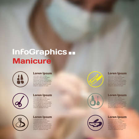 Infographics with blurry photographic background with manicure iconsのイラスト素材
