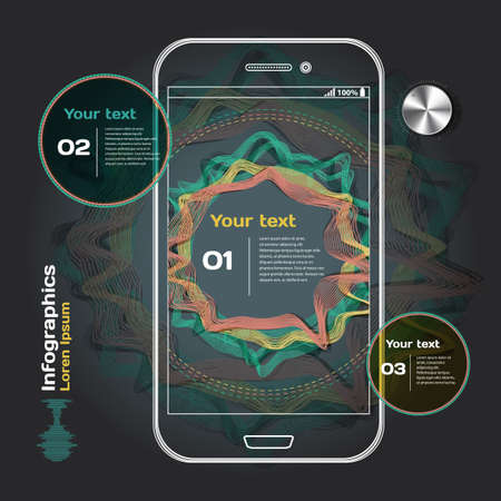 set of infographics with sound waves on dark background with smartphoneのイラスト素材