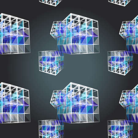 Textile seamless pattern of cubes with white texture triangles