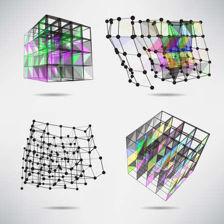 Set of cubes with color texture triangles, lines and dotsのイラスト素材
