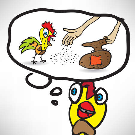 Rooster dreams of feed. Greeting card with space for textのイラスト素材