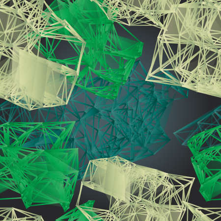 Textile seamless pattern of green polygonal figures on dark backdrop