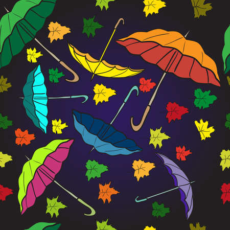 Textile seamless pattern of colorful umbrellas and autumn leavesのイラスト素材
