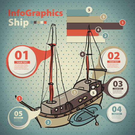 Infographics set in the style of a sketch of the Yacht in vintage styleのイラスト素材