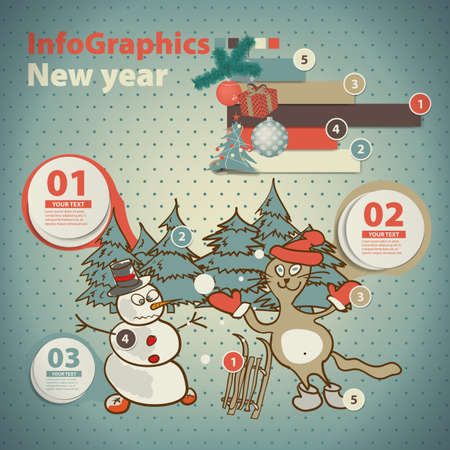 Template for infographic about christmas with with a snowman and cat in vintage styleのイラスト素材