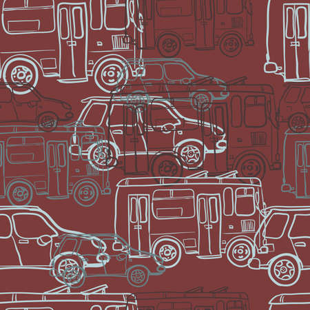 Textile seamless pattern of colored cars and busesのイラスト素材