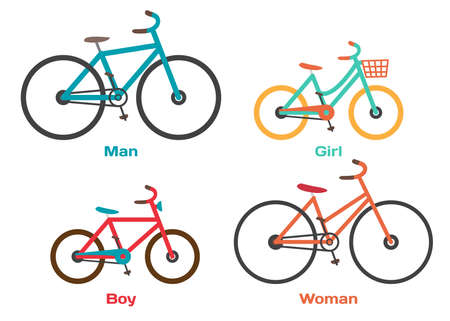 Bicycle Set for family ride. Set riding bikes isolated on white background. Bike for man, woman, boy, girl. Vector flat cartoon illustrationのイラスト素材