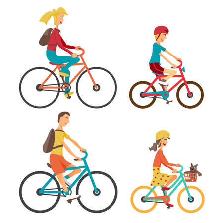Bicycle Set for family ride. Set man, woman, boy and girl on bicycle on an isolated white...