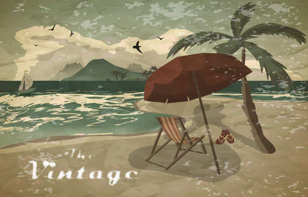 Sea landscape summer beach, sun umbrellas, beach beds. Umbrellas and deskchair on a beach in summer evening vacation. Evening summer background on beach vintage faded style. Vector flat illustrationのイラスト素材