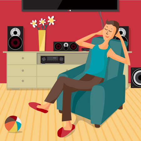 modern flat design man listens to music at home using a stereo system. Cartoon character of music lover. Music lover man listens to music with stereo system while sitting in chairのイラスト素材
