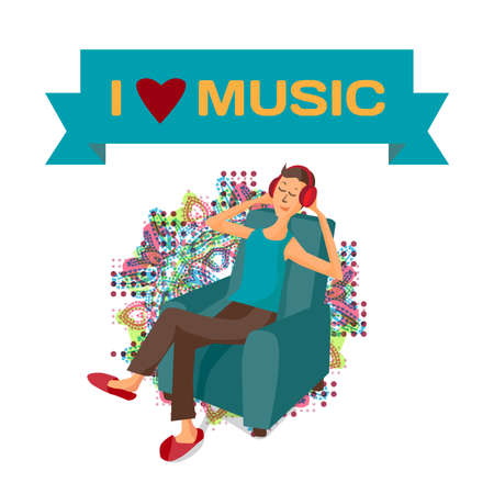 Vector modern flat design man wearing headphones listening music. Cartoon character of music lover enjoying his favorite track. Music lover man listens to music with headphones while sitting in chairのイラスト素材