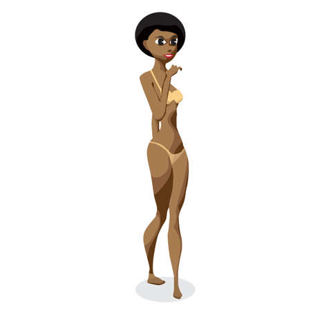 Slender afro black woman dressed in yellow swimsuit is standing. Isolated flat design illustration. The comic tall afro woman on the beach in yellow bikiniのイラスト素材
