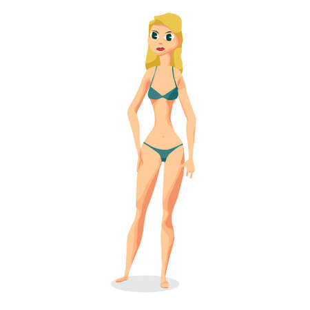 Slender woman dressed in green swimsuit is standing. Isolated flat design illustration. The comic tall blonde on the beach in green bikiniのイラスト素材