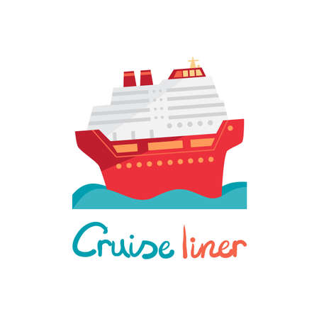 Cruise ship, ocean liner in water. Vector illustration flat design. Boat for cruises in cartoon styleのイラスト素材