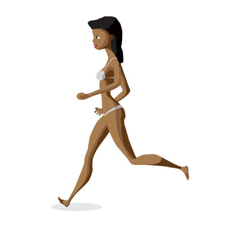 Black woman dressed in white swimsuit is running. Isolated flat design illustration. The comic afro brunette on the beach in white bikini is joggingのイラスト素材