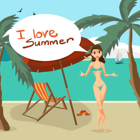 Sea landscape summer beach, palm tree, sun umbrellas, beach beds. Woman in swimsuit on background seascape with island and yacht. I love summer speech baloon. Vector flat illustrationのイラスト素材
