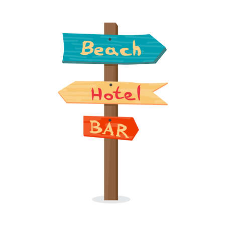 Wooden pointer to the beach, the hotel, in the bar. Summer signpost flat vector cartoon illustration on a white background isolatedのイラスト素材