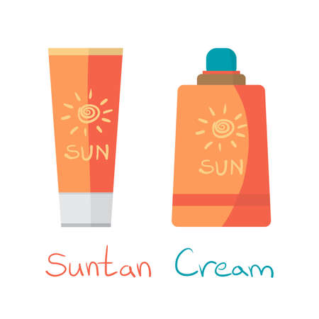 Sunscreen Care Sun Protection Cosmetics container orange vector illustration. ?ream suntan icon flat style isolated white backgroundのイラスト素材