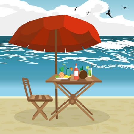 Summer on the beach: umbrella, sun, table, cocktail, coconut. Vector flat illustration. Seaside vacation outdoors under the sunのイラスト素材