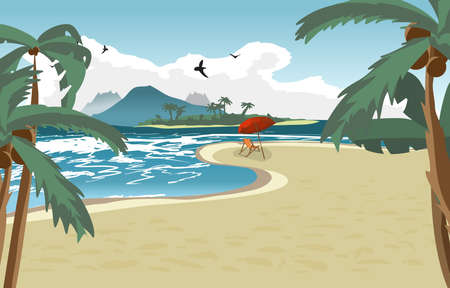 Sea landscape summer beach, palms, sun umbrellas, beach beds. Umbrellas and deskchair on a beach in summer vacation. Summer background on beach. Vector flat illustrationのイラスト素材