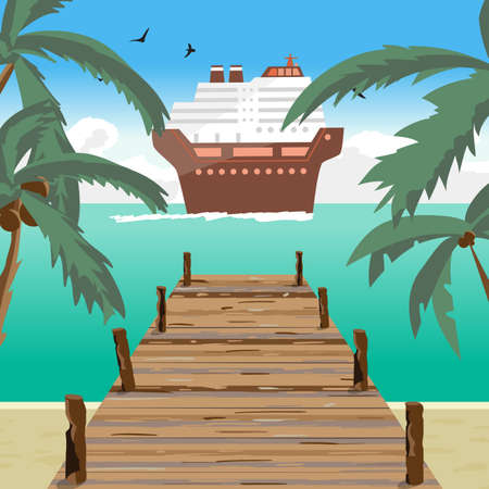Sea landscape summer beach, old wooden pier, cruise ship in the distance. View with palm trees on a beach, wooden pier in summer vacation. Summer background on beach. Vector flat illustrationのイラスト素材