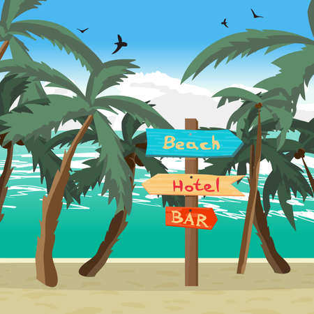 Wooden pointer among palm trees on the beach, the hotel, in the bar. Summer signpost flat vector cartoon illustration on a beach in summer vacationのイラスト素材