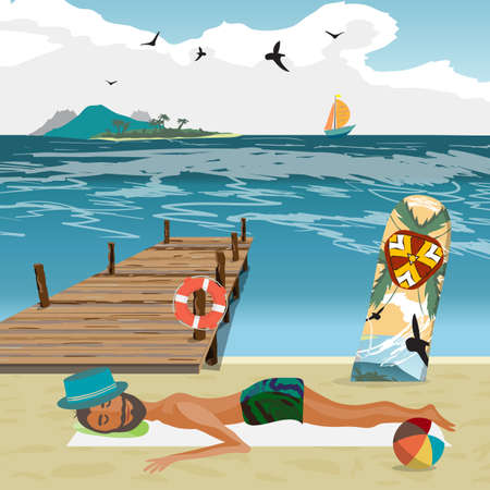 Man sunbathes on the beach after a day on surfing. Sea landscape summer beach, surfboard stuck in the sand. Wooden pier on the beach in hot summer day. Vector flat cartoon illustrationのイラスト素材