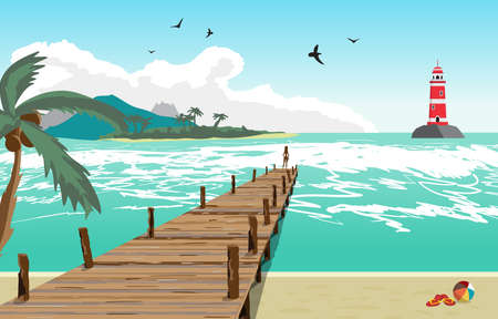 Sea landscape summer beach, silhouette of a woman on old wooden pier, lighthouse on the island in the distance. View with palm trees on a beach, wooden pier. Vector flat illustrationのイラスト素材