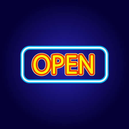Classic OPEN neon sign on dark background. Retro neon sign with the word open. Vintage electric symbol. Burning a pointer to a black wall in a club, bar or cafe. Vector illustrationのイラスト素材