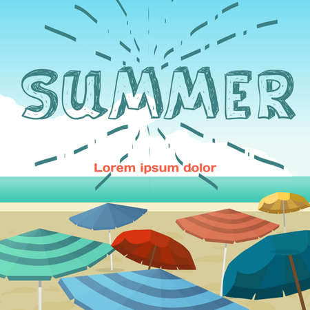 Summer vacation concept background. Sea landscape summer beach parasols, umbrellas. Beach in summer vacation background with space for text. Background on beach. Vector flat cartoon illustrationのイラスト素材