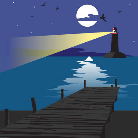Summer beach landscape at night with a wooden pier and a lighthouse shining in the distance. Lunar path on water in summer night vacation. Vector flat cartoon illustration.のイラスト素材