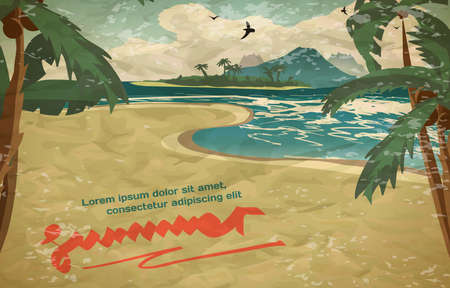 Summer vacation concept background with space for text in vintage style. Vector cartoon illustration. Sea landscape summer beach, palms, sand. ?oastline stretches into distance with a sandy beachのイラスト素材