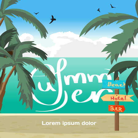 Summer vacation concept background with space for text. Wooden pointer among palm trees on the beach, hotel, in the bar. Summer signpost flat vector cartoon illustration on beach in summer vacationのイラスト素材