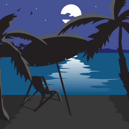 Summer beach landscape at night. Silhouettes of palm trees, a beach umbrella, chaise in the moonlight. Lunar path on water in summer night vacation. Vector flat cartoon illustration.のイラスト素材