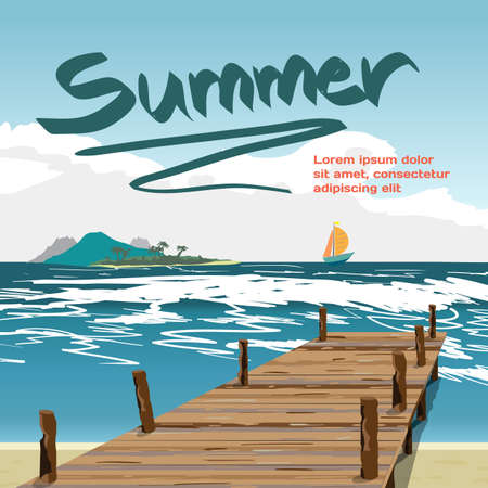 Summer vacation concept background with space for text. Sea landscape summer beach, old wooden pier, island and yacht in the distance. Summer background on beach. Vector cartoon flat illustrationのイラスト素材