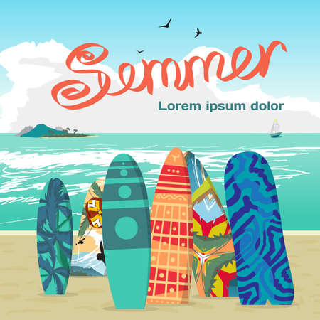 Summer vacation concept background with space for text. Sea landscape summer beach, surfboards stuck in the sand. Surfboards set. Surfboards collection. Vector cartoon flat illustrationのイラスト素材