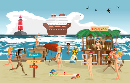 Sea landscape summer beach. Vector cartoon flat illustration. Beach bar with bartender, a woman in a bikini to swim and sunbathe, play sports. Cruise ship and lighthouseのイラスト素材