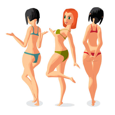 Set three women dressed in swimsuit is standing sunbath. Back view. Isolated flat cartoon illustration. The comic girls on the beach in bikini.のイラスト素材