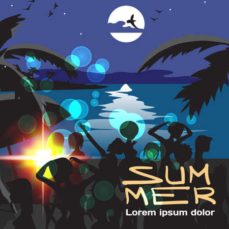 Summer vacation concept background with space for text. Summer beach at night. Silhouettes crowd women in bikinis, palm trees in moonlight. Lunar path on water. cartoon flat illustration.のイラスト素材