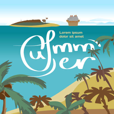 Summer beach concept background with space for text. Sea landscape summer beach, palms, island, cruise ship. cartoon flat illustration. Beach, sea, island and a cruise liner in the distanceのイラスト素材