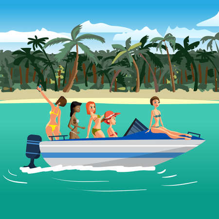 Women in bikini riding on a motorboat around a tropical beach.のイラスト素材