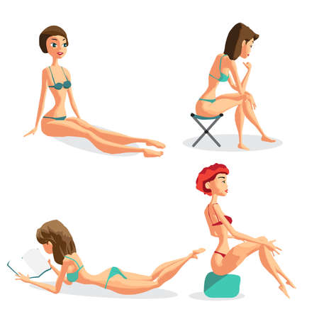 Set woman dressed in swimsuit is sitting. Isolated flat cartoon illustration. The comic girls on the beach in bikini.のイラスト素材