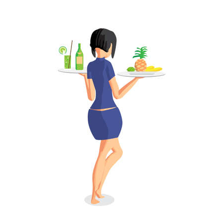 Brunette woman waitress with two trays on the beach. Back view. Isolated flat cartoon illustrationのイラスト素材