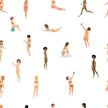Seamless textile pattern with vector modern flat design woman dressed in swimsuitのイラスト素材