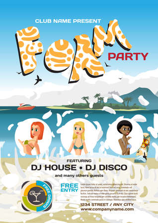 Vector summer foam party invitation beach style. Day, dj, crowd women in bikinis. Posters or flyers. Template flat cartoon illustration.のイラスト素材