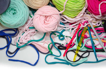Background of multi-colored balls of yarn and threadの写真素材